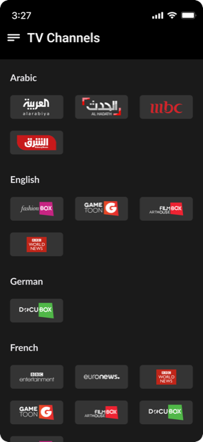 La aplicación hotelera: lista de canales de TV agrupados por idioma